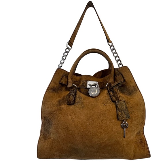 Michael Kors Hamilton Distressed Suede Leather Mocha Brown Lock Key Bag Satchel - Picture 4 of 16